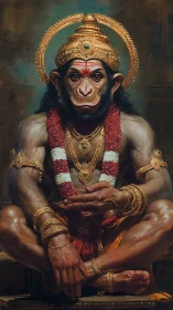 Regal simian deity sits crowned in ornate golden jewelry