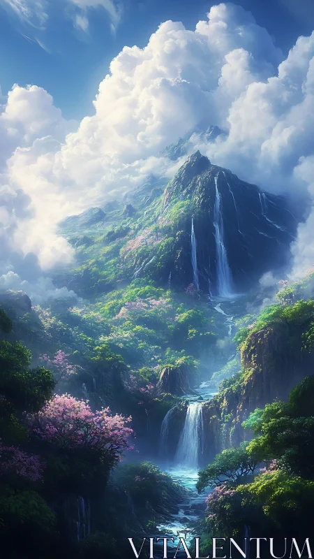 Skyborne waterfalls crown a luminous dreamforest peak.