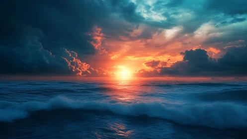 Sunset light cuts through dense clouds above turbulent ocean