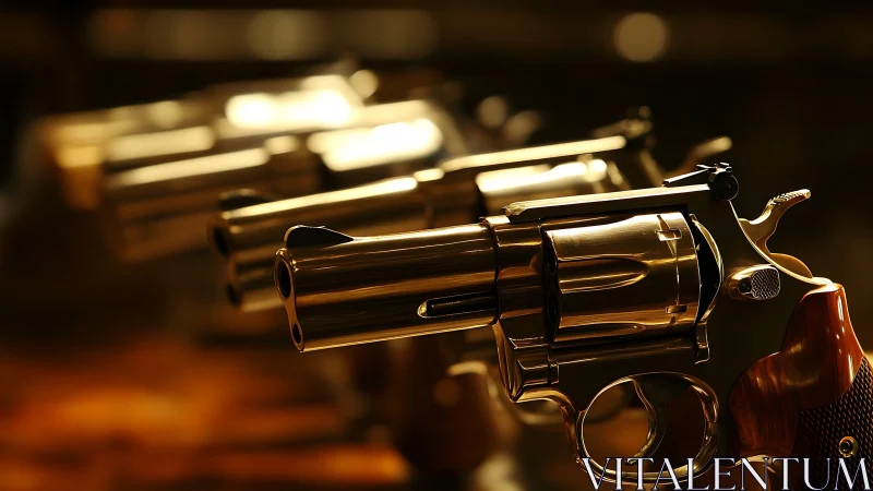 Gleaming revolvers aligned under warm cinematic light.