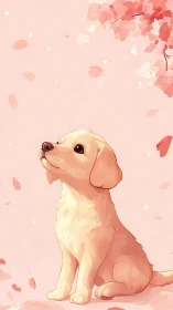 Gentle puppy enjoys soft pink petals drifting all around