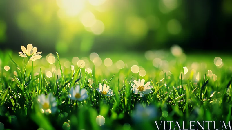 Sunlit daisies whispering in bokeh-kissed morning grass.