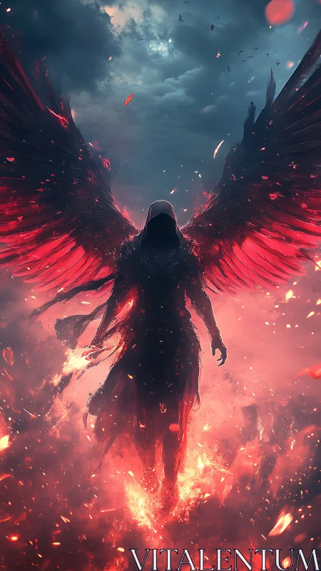 Hooded crimson seraph ascending through embers and storm