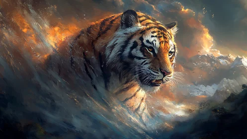 Majestic tiger emerges through swirling firelit storm clouds