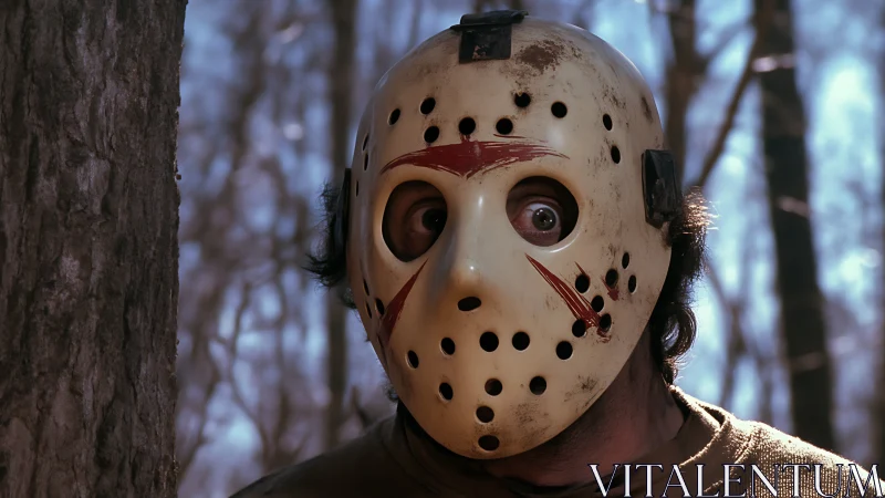 Wide-eyed hockey mask lurker startles the quiet forest