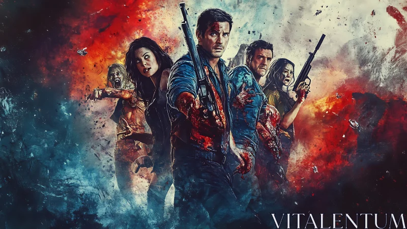 Blood soaked survivors pose in chaotic horror battle scene.