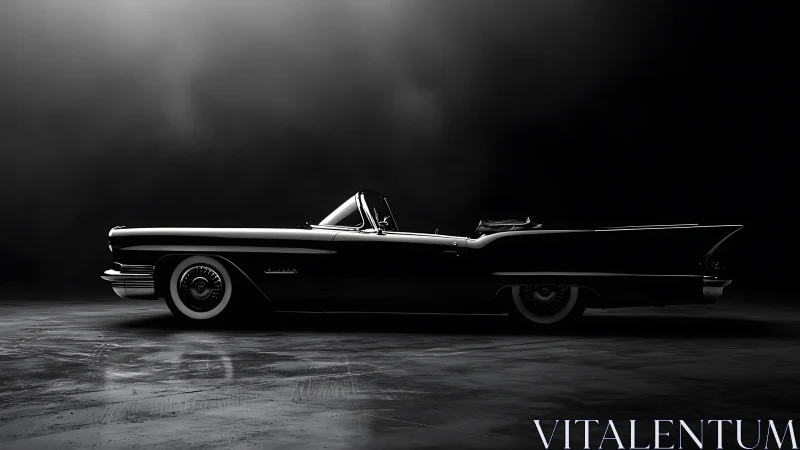 Classic black convertible rests in dramatic studio light.