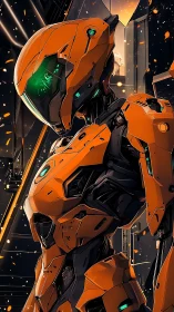 Orange armored humanoid mech with glowing green visor