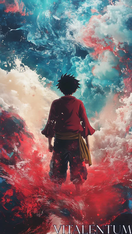 Anime hero facing cosmic ocean of swirling red tides.