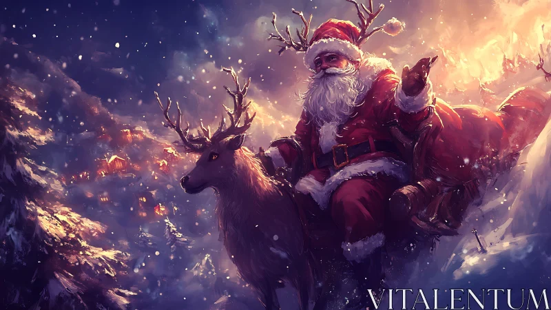 Digital painting shows Santa figure riding reindeer in snow