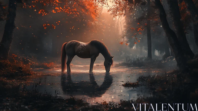 Horse drinking in misty autumn forest pond at dusk.