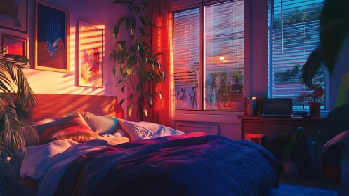 Chromatic dusk bedroom with volumetric light diffusion study.