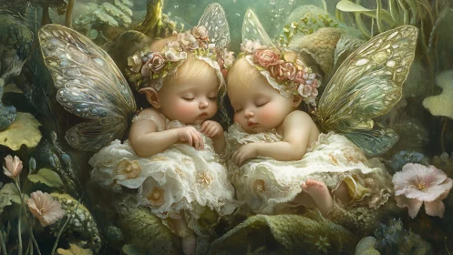 Fantasy digital painting of sleeping fairy twin infants in mossy glade.