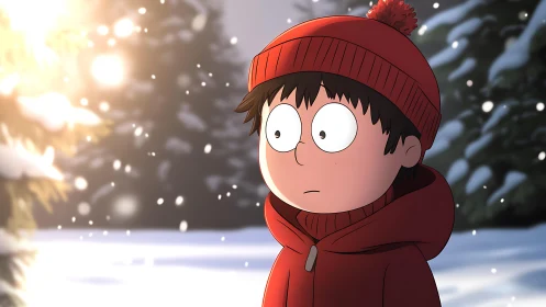 Winter forest child in red coat under glowing snowfall.