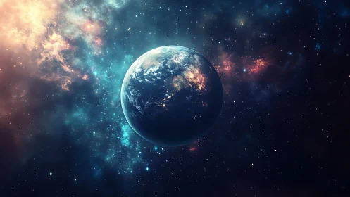 Earth rendered in luminous deep-space nebula environment
