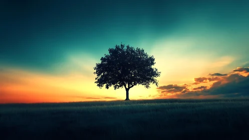 Solitary tree silhouette under hyper-saturated sunset gradient.