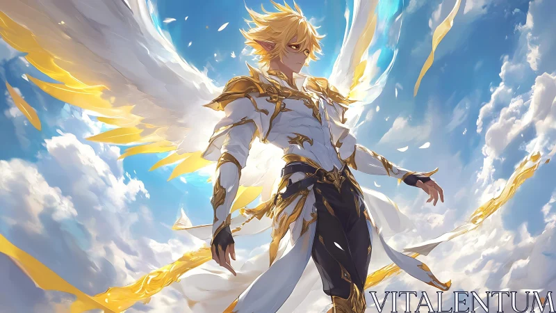 Radiant winged guardian ignites the sky in golden storm.