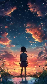 Child gazes toward luminous twilight sky over glowing horizon