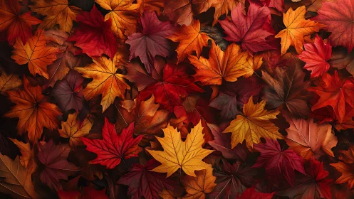 Dense maple leaf carpet displays saturated autumn color spectrum