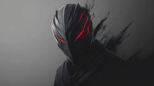 Hooded dark figure with red glowing eye slits faces viewer