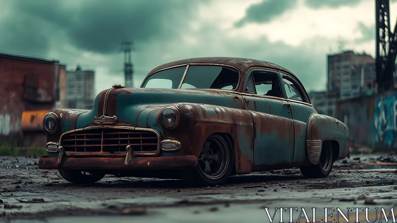 Rusting vintage sedan stands in an urban industrial lot