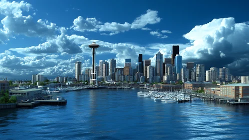 Seattle waterfront skyline shimmers beneath dramatic clouds.