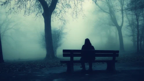 Solitary hooded figure on bench in foggy winter park.