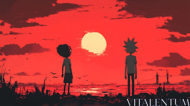 Backlit silhouettes watching oversized sun over crimson plain