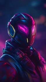 Neon-armored cybernetic operative rendered in vivid digital lighting