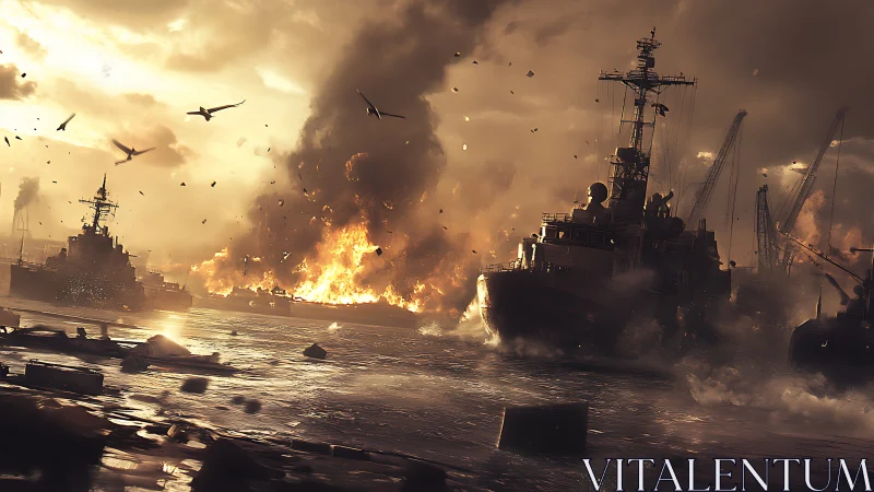 Warships brace against catastrophic harbor explosion and fire.