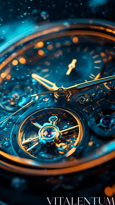 Macro view of luminous skeleton watch tourbillon under droplets