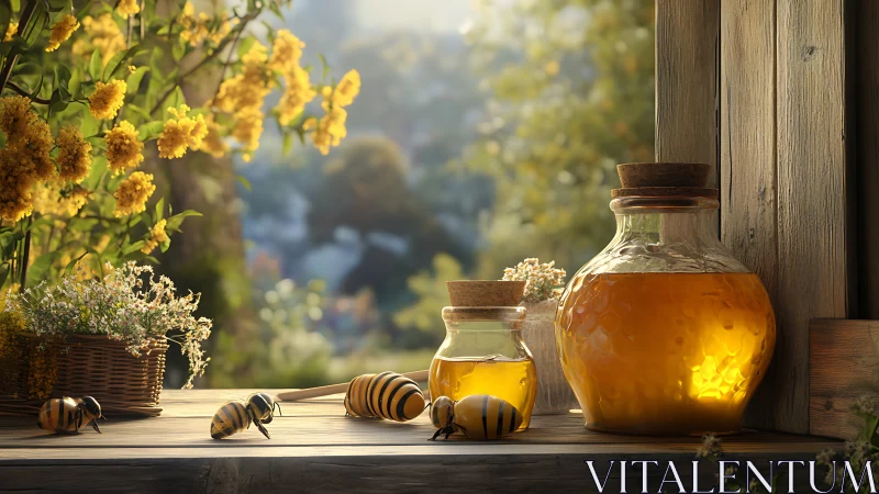 Photorealistic honey still life with bees and rustic wood window.