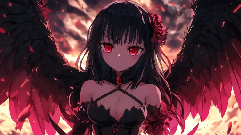 Dark-winged anime figure stands before illuminated sky