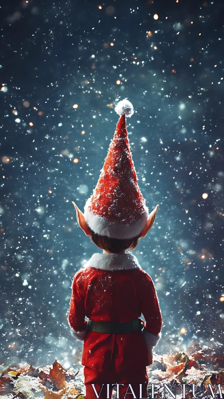 Christmas elf in snowfall with cinematic backlighting perspective.