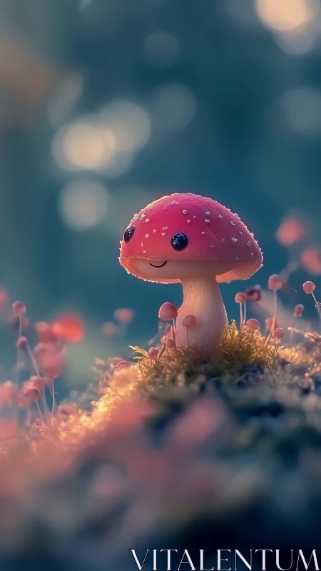 Smiling forest mushroom friend glowing in soft evening light.