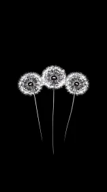 Three Dandelion Seed Heads in High Contrast Black and White.