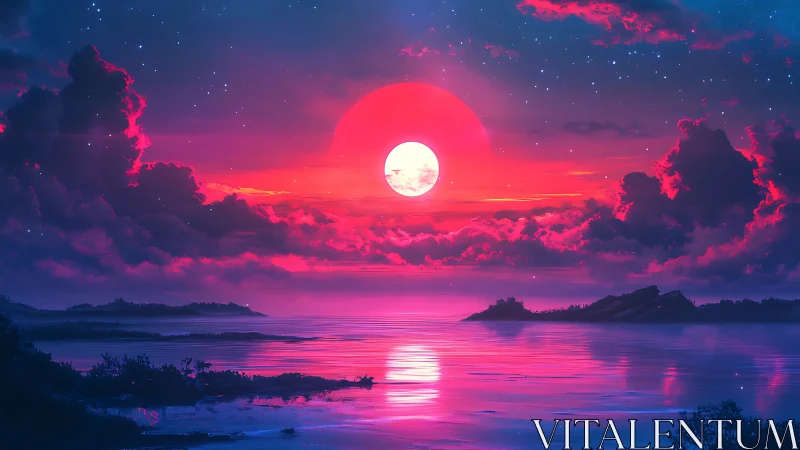 Neon-toned coastal landscape under large setting sun.