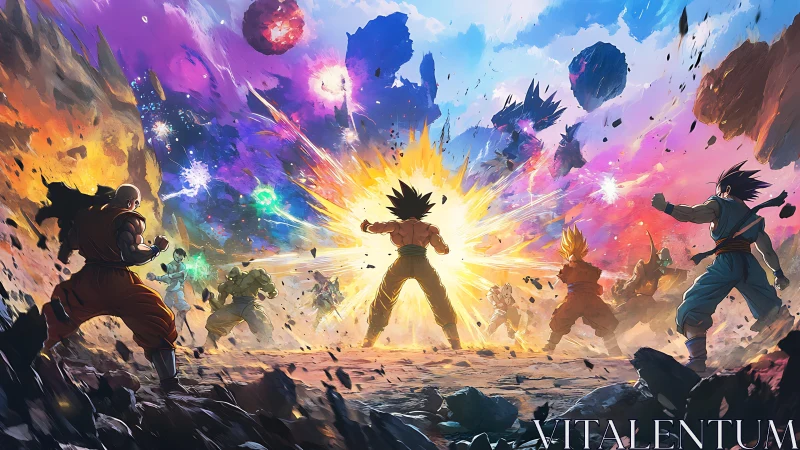 Anime warriors clash in large energy blast on rocky battlefield