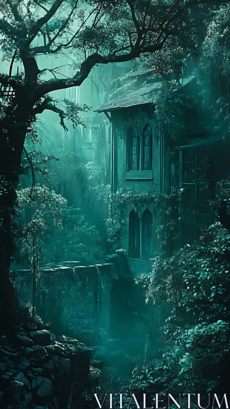 Misty overgrown gothic house beside deep forest ravine.