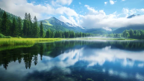 Mountain lake mirrors pine forest under calm summer skies
