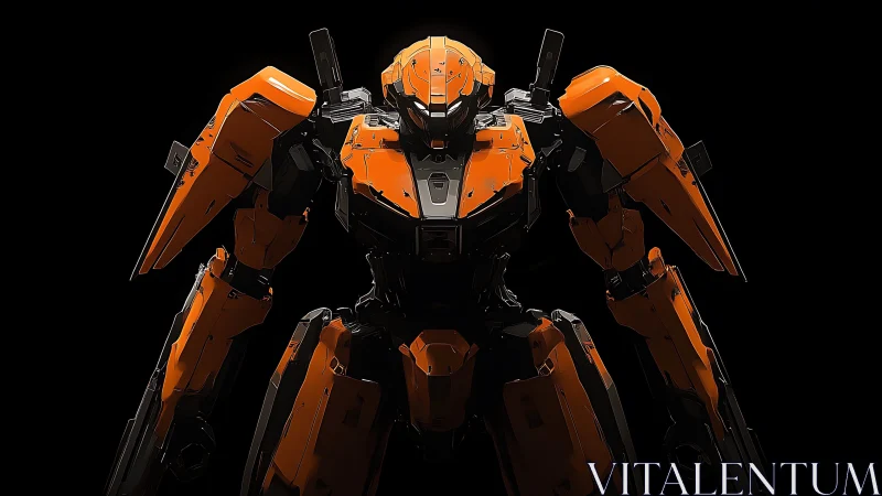 Burnt-orange warframe leans from darkness, armor humming