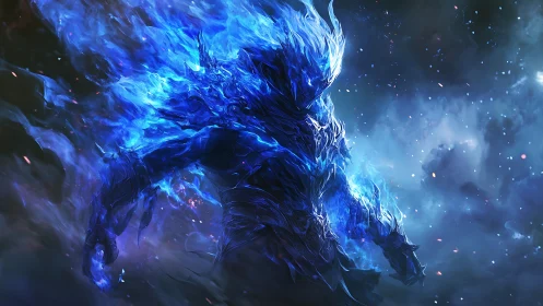 Elemental blue fire warrior emerges in cosmic storm.