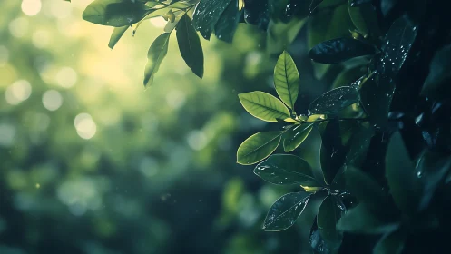 Rain-kissed green leaves against soft bokeh forest light.