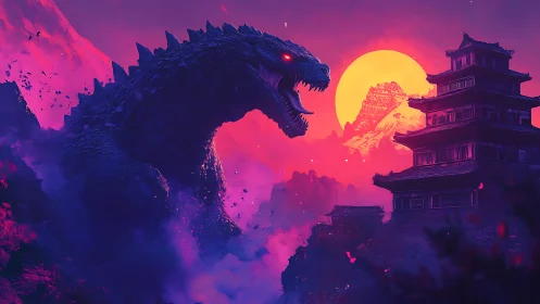 Colossal monster roars over neon-lit temple at sunset.