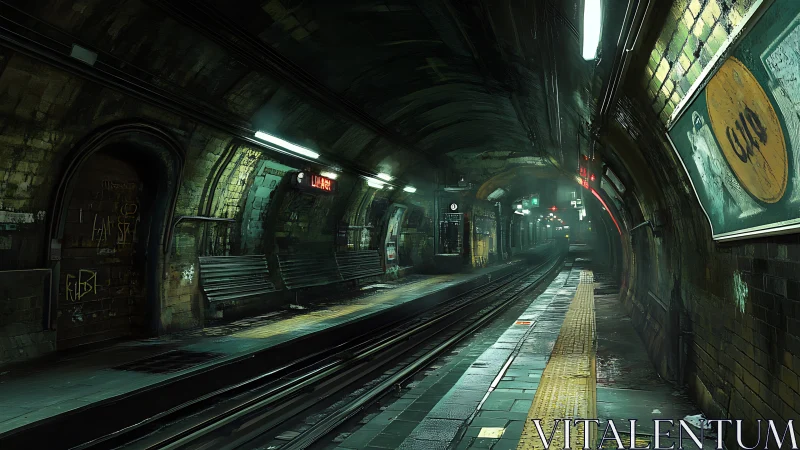 Moody underground metro tunnel with damp retro lighting.