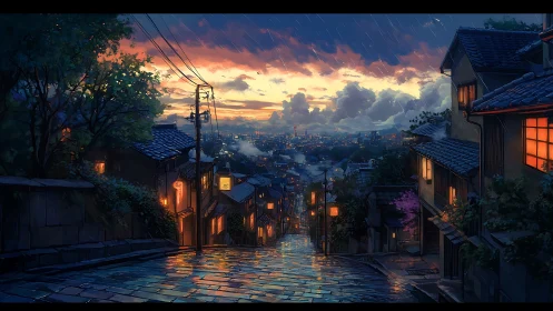 Rainy hillside street glowing above a dreaming twilight city.