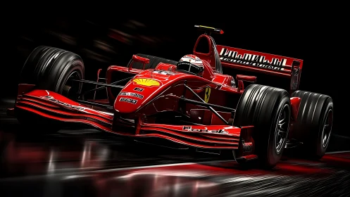 Red Formula racer slicing through night-lit speedway.