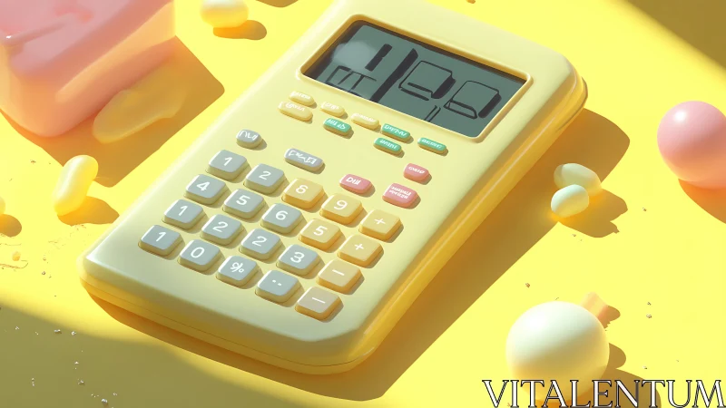 Pastel plastic calculator under directional hard studio lighting.