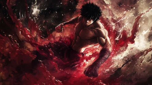 Storm of scarlet power swirling around lone fighter.