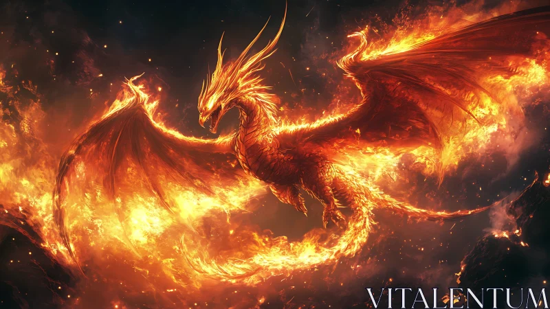 Digital painting of blazing phoenix dragon in infernal flight.
